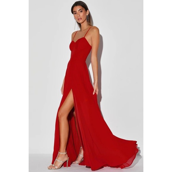 Size Medium LULUS Cause for Commotion Red Pleated Bustier Maxi Dress - Picture 3 of 9